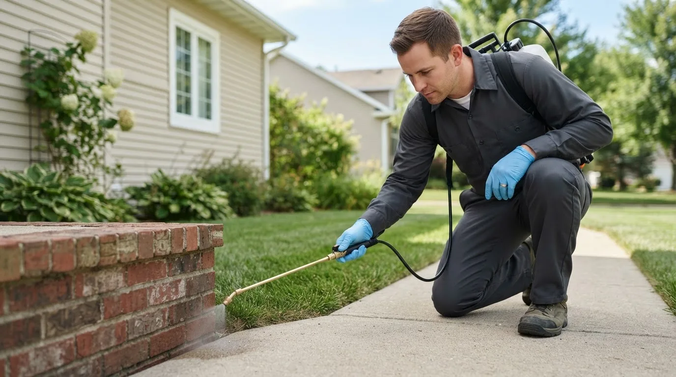 Pest control technician treating a home near Lodi, MO